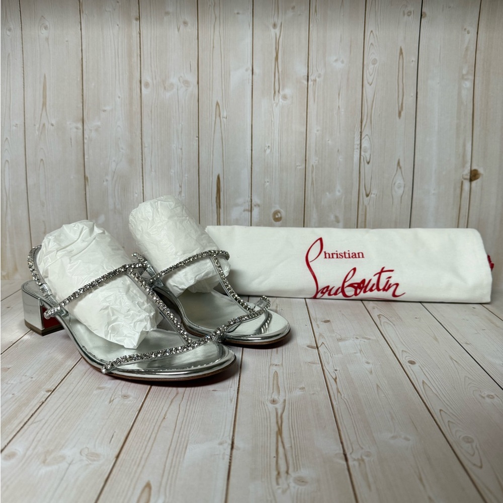 Christian Louboutin Simple Queenie Crystal-Trim Slide Sandals Silver Sz 36 / 6
